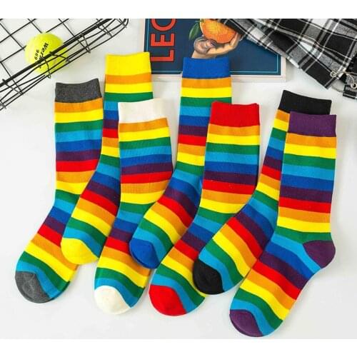 Youth Beautiful High School Girls Cute Cotton Loose Socks Retro Rainbow Striped Hosiery Women Fashion Colorful Harajuku Designer