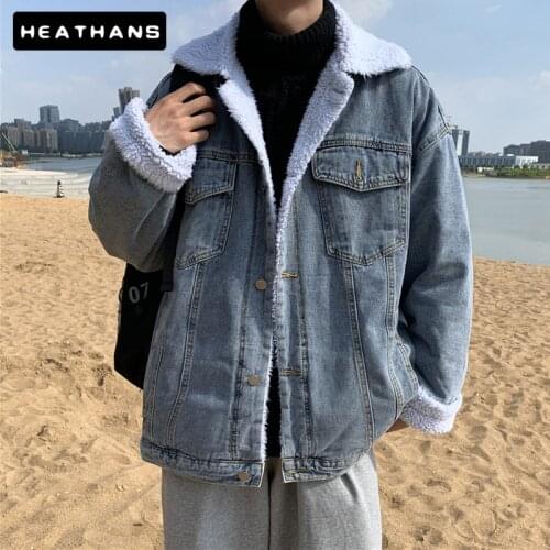 Lamb Wool Jacket Mens Plus Velvet Thicken Denim Jacket Male Autumn Winter Jean Jacket Tops Mens Warm Casual Windproof Outerwear