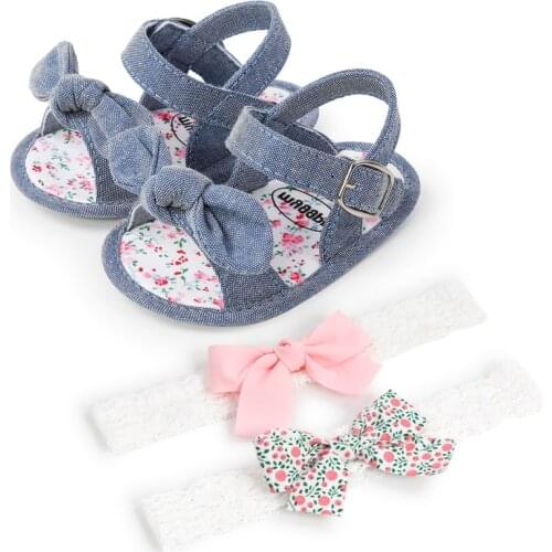 Summer Princess Sandals For Baby Girl Shoes Newborn Cute Bowknot Anti Slip Infant Toddler Sandals + 2PCS Headband