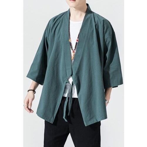 2021 Ethnic Style Mens Shirt Coat Clothing Summer Thin Section Three-quarter Sleeves Retro Hanfu Cardigan Robe Tang Suit Jacket