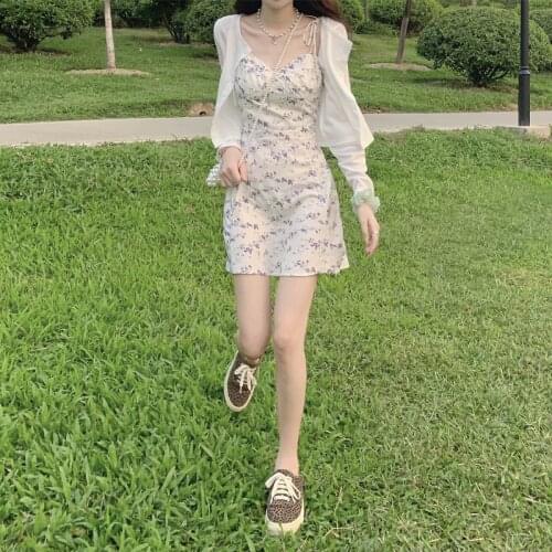 Summer New Style Soft Wind Two-piece French First Love Sweet Little Fresh Fairy Floral Sling Dress