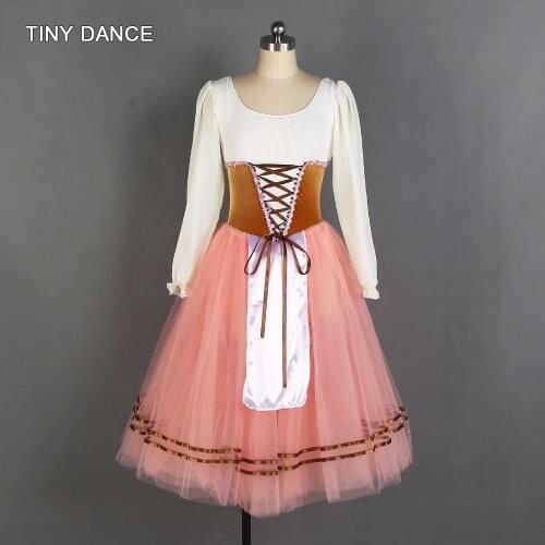 Ivory Chiffon Long Sleeves Romantic Ballet Tutu Brown Velvet Bodice Attached Layers of Pink Tutu Skirt with Long Apron 20502