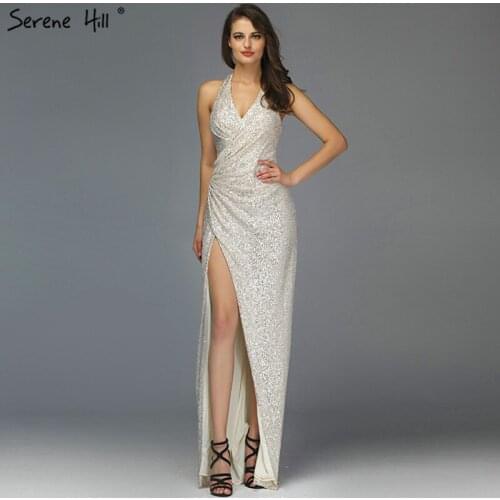 Dubai Design Silver Deep-V Luxury Evening Dresses Long Sequined Mermaid Sexy Evening Gowns 2019 Serene Hill DLA70052