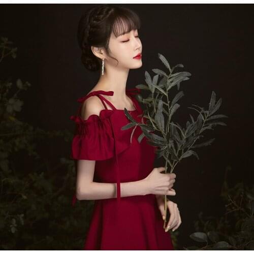 Sexy Bride Spaghetti Strap Burgundy Evening Dress Toast Clothing Formal Party Gown вечернее платье