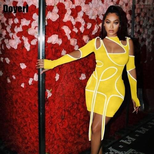Sexy Women Bandage Bodycon Dress Long Sleeve Hollow Cut Out Sheath Elegant Birthday Dress for Women Mini Night Club Party Dress