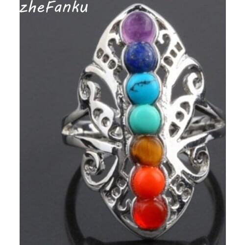 Silver Color 7 Chakra Healing Hollow Thumb Reiki Natural Stones Ring For Women Adjustable Ring Boho Jewelry
