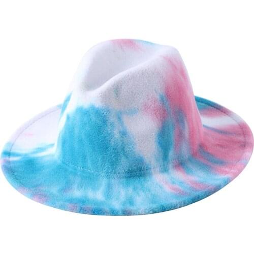 Women Men Tie Dye Hat Winter Panama Jazz Caps Wide Brim Gangster Felt Hats