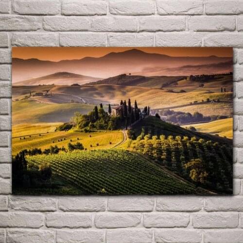 Tuscany Italy fields hills trees sunrise morning nature landscape 478FJ living room home wall art decor wood frame poster