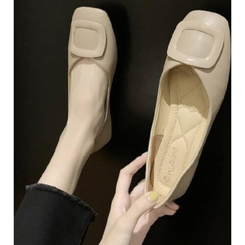 Single shoes womens flat bottom 2020 autumn female beanie square toe retro autumn shallow mouth female soft sole grandma shoes