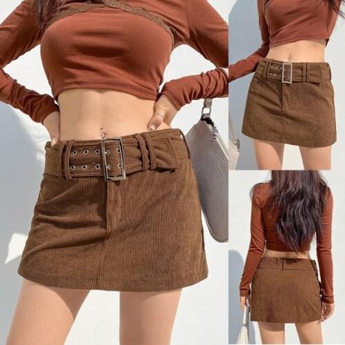 Women Autumn Corduroy Velvet Low Rise Sexy Short Mini A-Line Skirt with Waist Belt Harajuku 90s Vintage Solid Color Slim Fit Str