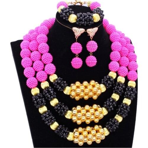 African Jewellery Sets For Women Hot Pink Black Bridal Necklace Set With Plated Gold Color Balls Wedding Jewelry Set Free Ship