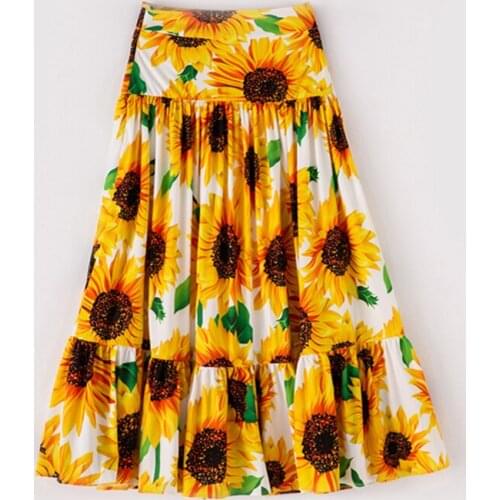 Runway 2021 New Style Floral Print Skirts Women Elegant Sunflower Printed Classical Trumpet Zip Waist Mid-Calf Skirt