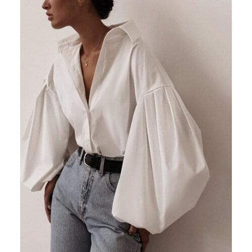 Lantern Sleeve Elegant Shirt Women Blouses New White Black Sexy Button Vintage Blouse Turn Down Collar Office Ladies Shirt