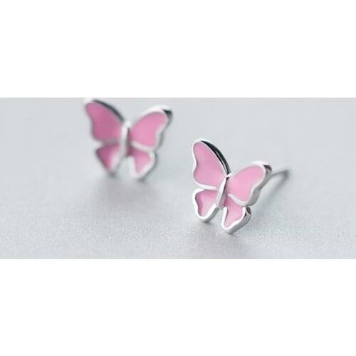 MloveAcc Genuine 925 Sterling Silver Fashion Pink Butterfly Stud Earrings Women Sterling Silver Jewelry Christmas Gift