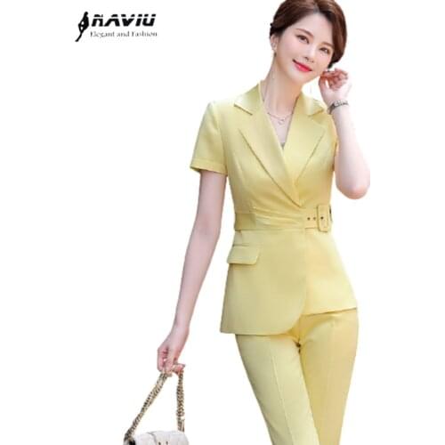 Yellow Suits Women New Summer Short Sleeve High End Fashion Business Formal Slim Blazer And Pants Office Ladies Work Wear