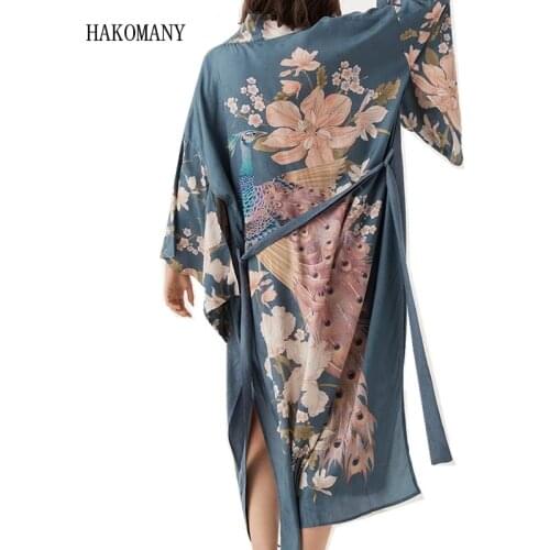 2019 Ethnic New Lacing up Sashes Long Cardigan Loose Blouse Tops femme Bohemian V neck Peacock Flower Print Long Kimono Shirt