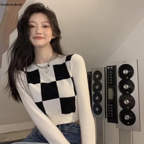 Korean Vintage Knitted Women Plaid Sweater Pullover Short Soft Female Jumper Full Sleeve Fashion 2021 Autumn Femme Tops Traf