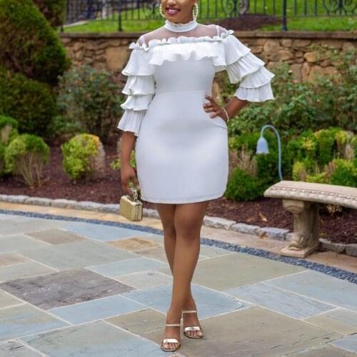 White Dress Elegant Women Evening Party Clothes Ruffles Knee Length High Waist Off Shoulder Mesh Sexy Night Dinner Dresses Hot