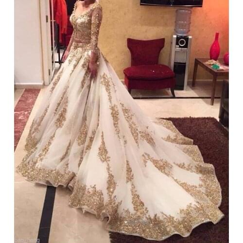 2019 Two Pieces Sheer Lace Muslim Wedding Dress Arabic Ball Gown Gold Lace Beads Luxury 3/4 Sleeves Bridal wedding Dresses