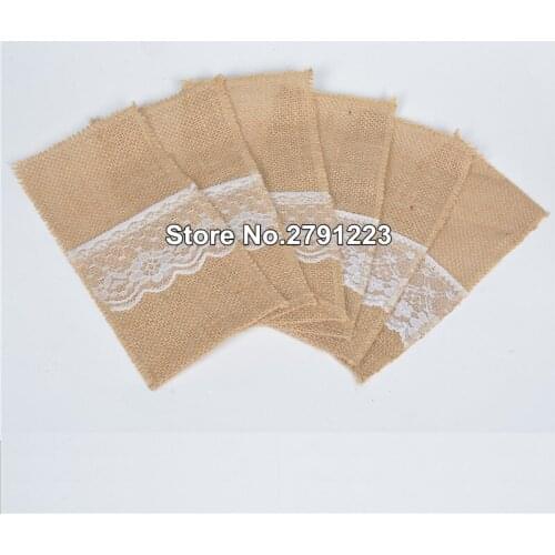 50pcs Burlap Lace Cutlery Pocket Wedding Tableware Party Supplies Holder Bag Rustic Jute Table Decoration Accessories