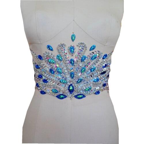 A121 Pure hand made clear AB colour/Peacock blue sew on Rhinestones applique crystals patches 32*17cm dress accessory