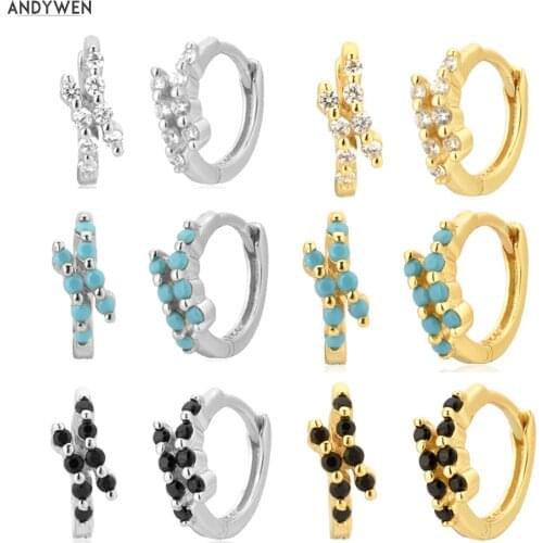 ANDYWEN 925 Sterling Silver Clear Small Huggies Hoops Piercing Loops Ohrringe Pendiente Crystal CZ Circle Round Cross Love Jewel