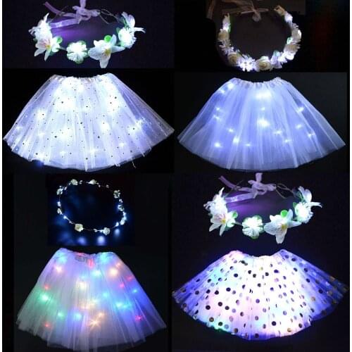 White Flower Girl LED Blinking Wreath Light Skirt Tutu Cosplay Costume Clothes Dance Ballet Wear Wedding for adult kids