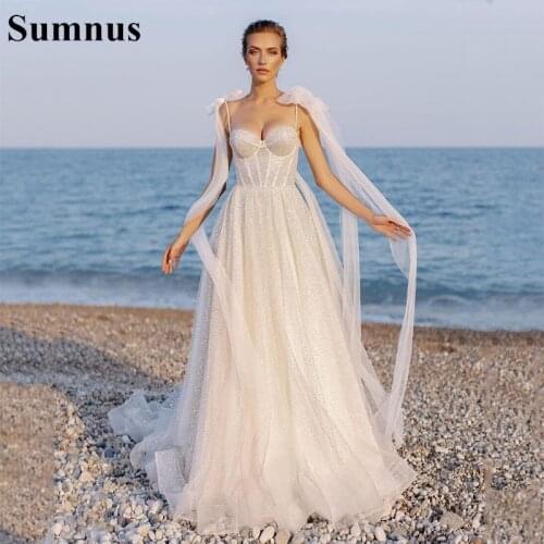 Sunmus ivory Shiny Tulle Wedding Dresses Corset Bone Beading Bride Dresses Boho Sweetheart Open Back Bridal Gown Beach