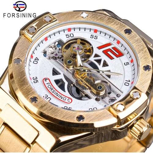Forsining Men Watch Automatic Mechanical Golden Bridge Hollow Stainless Steel Band Wrist Watches For Man Luxury Sport Male Clock