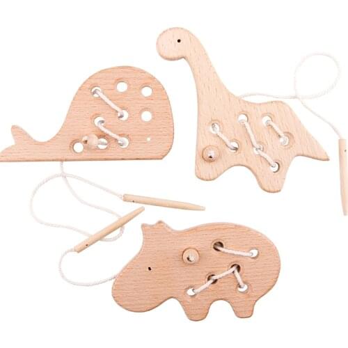 Wooden Threading Board Puzzle Toys Kids Lacing Beech Wooden Sewing Dinosaur Button Beaded Blocks For Threading Assembly Toys
