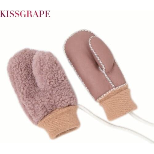 Kids Super Warm Ski Gloves Mittens Girls Pink Sheep Fur Gloves Manual Childrens Boys Sheepskin Mittens Windproof Gloves 1-5Y
