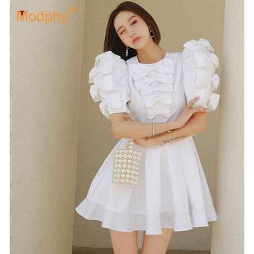 Elegant White Bow Dress Womens Bubble Short Sleeve A-line Mini Dresses 2021 Summer Female Fashion Party Vestidos