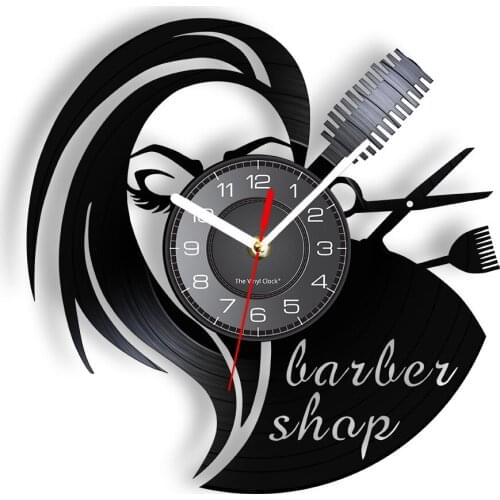 Hairdressing Tools Vintage Wall Clock Haircutting Center Lady Image Vinyl Record Wall Watch Gift For Hairdresser & Barbei Shop