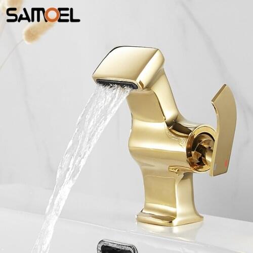 Creative Design Brass Gold Color Waterfall Bathroom Sink Faucet Single-hole Wash Basin Cold Hot Water Mixer Tap torneira G1149