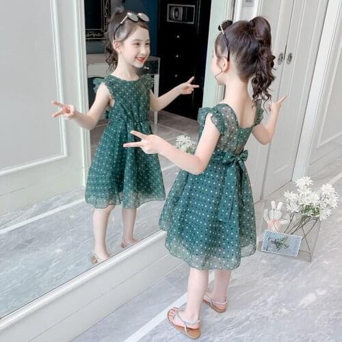 Summer Girls Green Dress Childrens Clothing Fashion Backless Wave Point Mesh Dresses Novelty Princess Sleeveless Outfits 2 Year