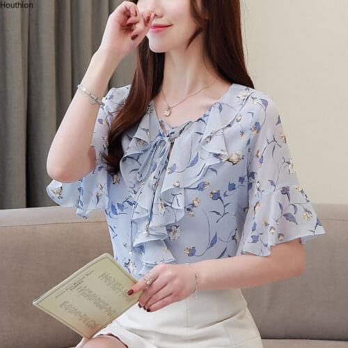 Houthion Womens Blouses Short Sleeve Tops Butterfly Sleeve V-neck Print Blouse Casual Summer Chiffon Fashion Top
