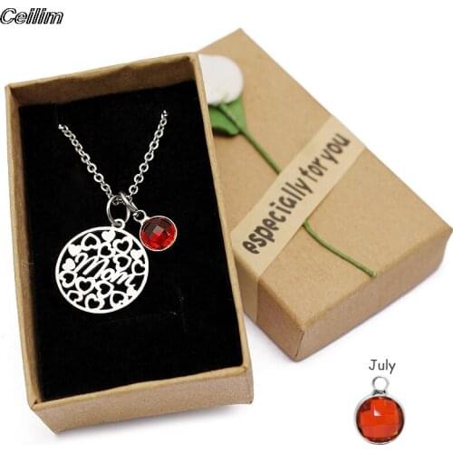 Love Heart Mom Letter Necklaces Crystal Birthstone Pendant Necklace Stainless Steel Clavicle Chain Charm Mothers Day Gift