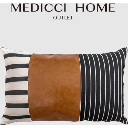 Medicci Home Boho Lumbar Pillow Cover Cotton Leather Splicing Living Room Bedroom Sofa Striped Rectangle Cushion Case 30x50cm