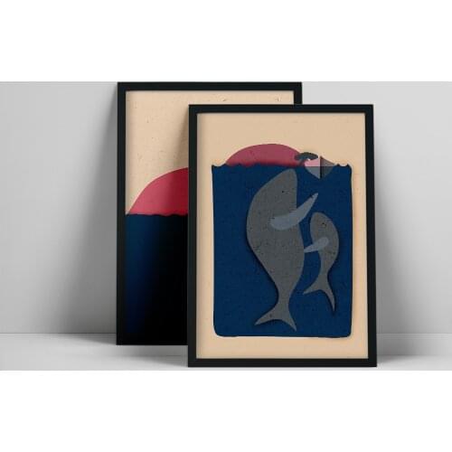 Abstract Whales Print Set, Blue Ocean Surfer Artwork, Purple sunset, Surf Posters, Contemporary Art, Beach House Decor, Minimali