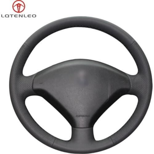 LQTENLEO Black Genuine Leather Hand-stitched Car Steering Wheel Cover For Peugeot 307 2001-2008 307 SW 2005 2006 2007 2008