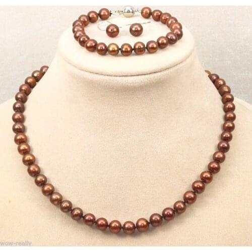 Wholesale price +Genuine Natural 8-9mm Akoya Brown Pearl Necklace Bracelet Earring Jewelry Set $30