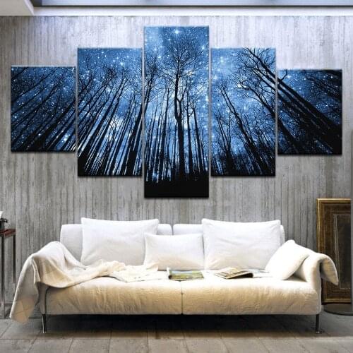 Canvas Prints Painting Wall Art Framework 5 Pieces Blue Psychedelic Forest Poster Starry Sky Trees Abstract Pictures Home Decor