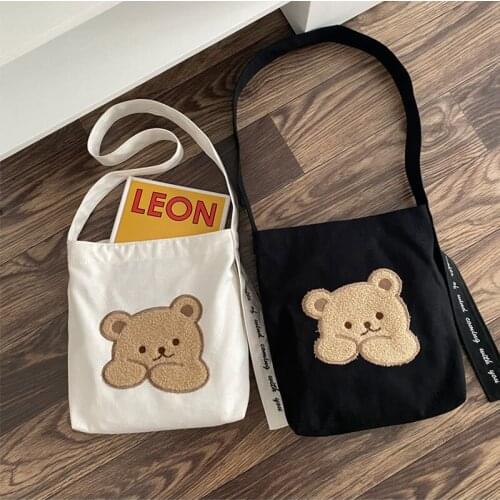 Yeqofcd Womens Casual Tote Canvas Bag Bear Embroidered Cotton Cloth Single Shoulder Messenger Bags Female Student Schoolbag
