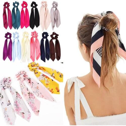 Ponytail scrunchie hair ties Scarf Elastic Hair Rope for Women Hair Bow Ties Scrunchies Hair Bands Flower Print Ribbon Hairbands
