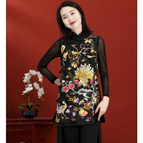 Spring And Autumn High-End Custom Chinese Style Hand Embroidery Stand Collar Sleeveless Lady Vest Coat S-3XL