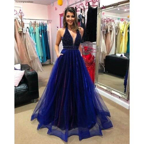 Royal Blue Beaded Evening Dresses 2019 With Pockets Red Carpet Formal Holiday Wear Celebrity Party Gowns Plus Size Custom Made