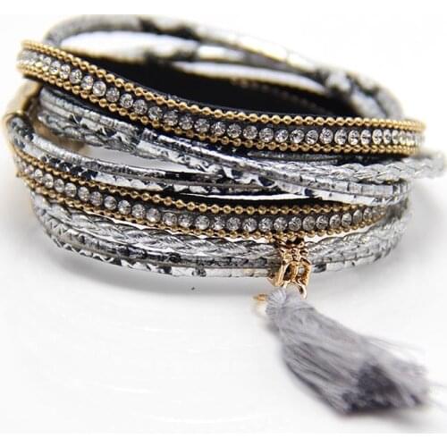 ZG Women Leather Bangles Bracelets Multilayer Snake Pattern Rope Chain Rhinestone Wrap Bracelet Women Jewelry