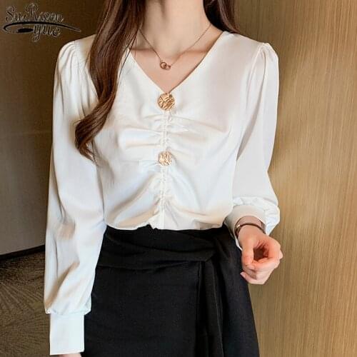 Womens Shirts Long Sleeve 2021 Autumn New Korean All-match V Neck Office Lady Style Solid Womans Blouses Plus Size Women 10491