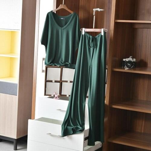 2021 New Summer Elastic Casual Two Piece Set Women V-Neck Short Sleeve Tops And High Waist Wide Leg Pants Tracksuit Female