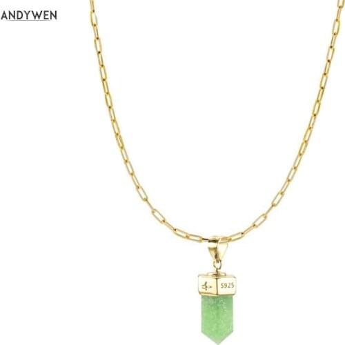 ANDYWEN 925 Sterling Silver Gold Geometric Rectangle Chain Necklace Green Pendant Gems Crystal Zircon Women Rock Punk Jewelry
